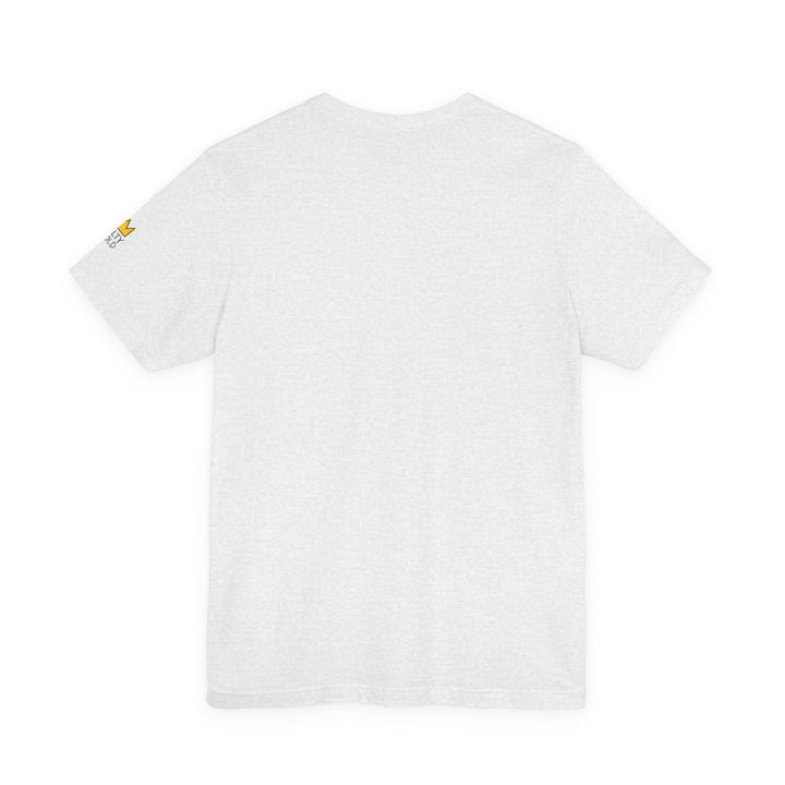 Heather grey Salty Gold Skeleton Curling Sweep tee, back view, with small gold sleeve logo.
