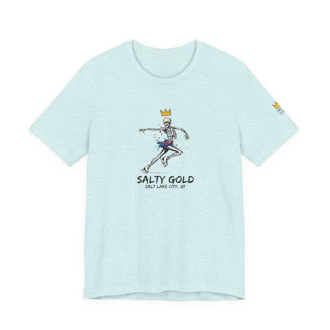 Salty Gold heather blue skeleton figure skating tee. Gold crown, colorful splatter design. Salt Lake City, UT.