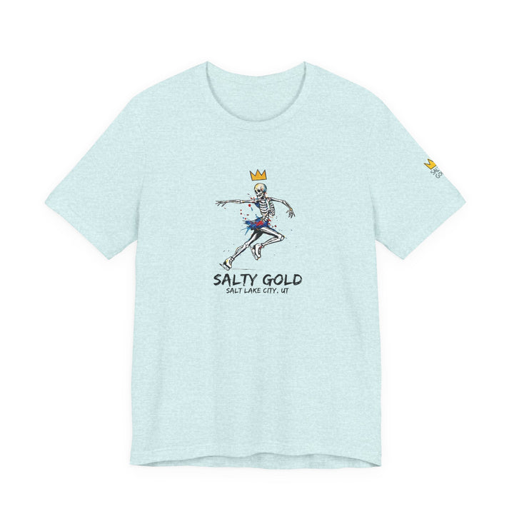 Salty Gold heather blue skeleton figure skating tee. Gold crown, colorful splatter design. Salt Lake City, UT.