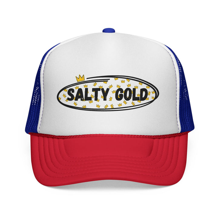 Salty Gold Trucker Cap — Crowned Leopard Logo Mesh Hat