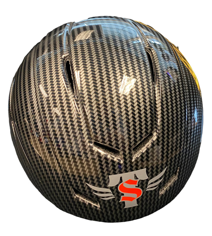 Consignment black/grey carbon fiber Skate Tech Helmet with red and white logo.