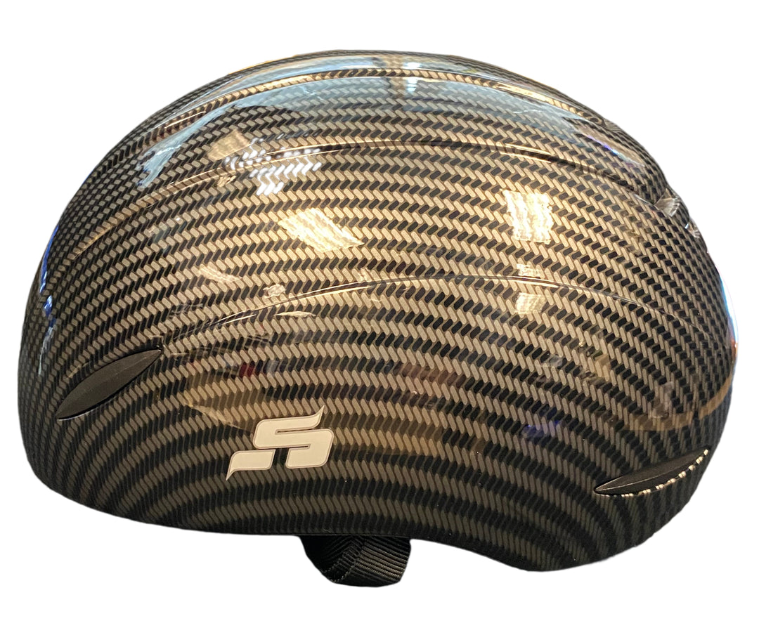 Consignment Skate Tech Helmet, black &amp; grey carbon fiber pattern, white logo. Ideal for skate and tech enthusiasts.