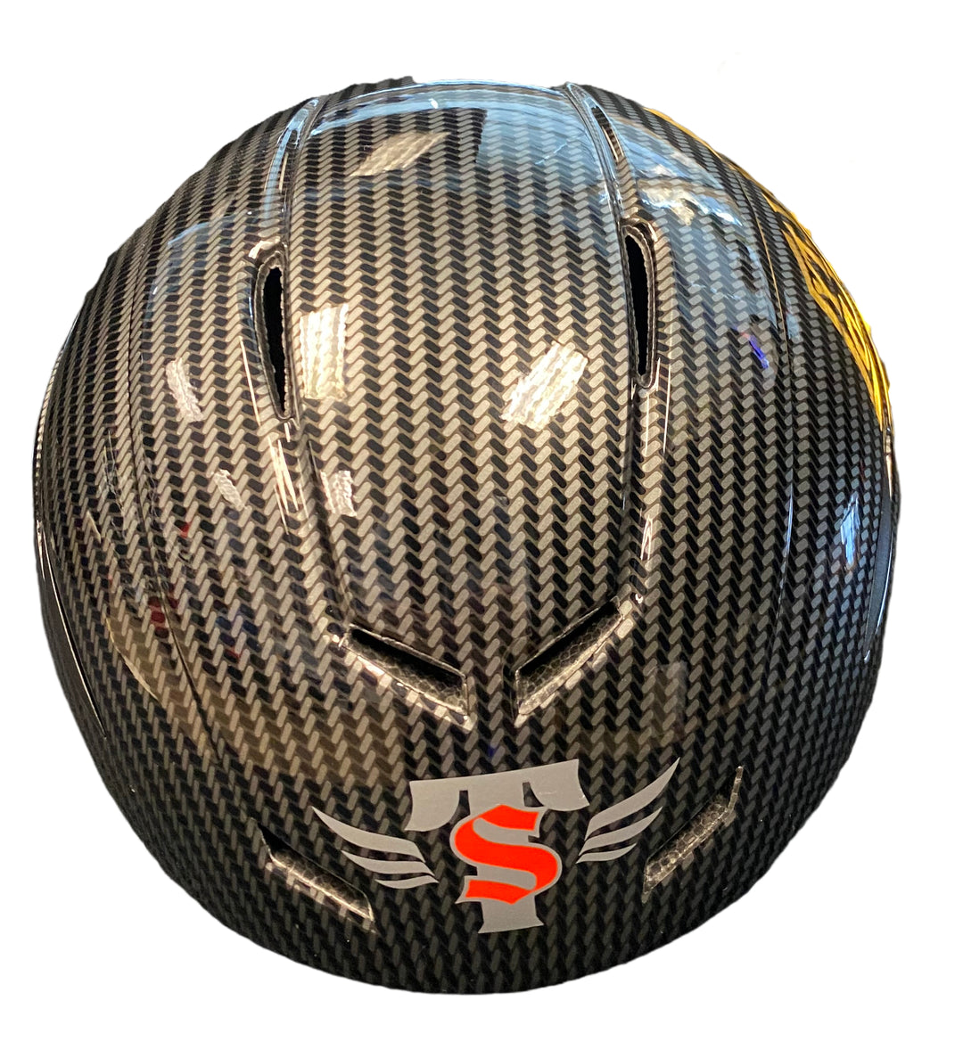 Black/grey carbon fiber Consignment Skate Tech helmet with orange S logo. Durable skate, scooter, bike protective gear.